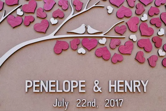 

Personalized Name&Date 3D Wedding Guest Book Alternatives,Tree of Life Wood Guestbook,Pink and White Hearts Rustic Wedding Decor