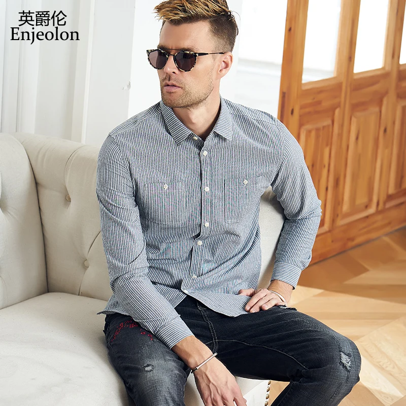 Enjeolon бренд camisa masculina хлопковые рубашки для мужчин полосатая рубашка для мужчин 3XL блузка с длинным рукавом рубашки для мужчин CX2512-1