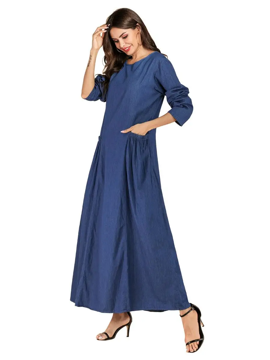 Новые женские мусульманские Длинные платья Abaya джинсовый кафтан халат с
