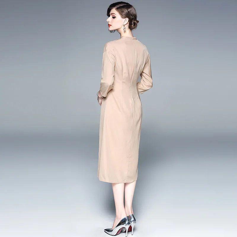 Spring 2019 Floral Embroidery Dress Women Elegant Cheongsam Three Quarter Sleeve Mandarin Collar Female Slim Dresses | Женская одежда