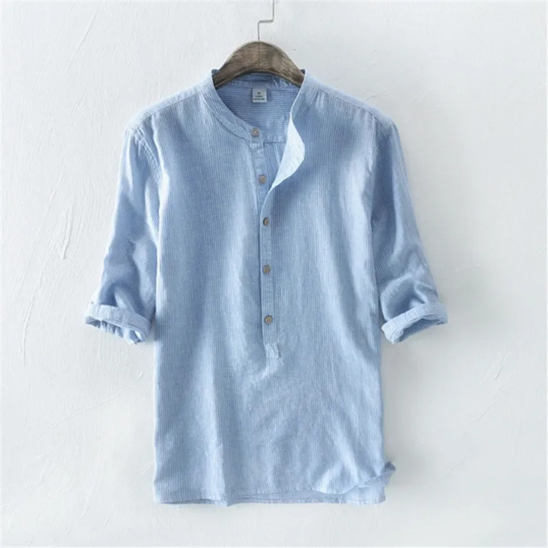 

Рубашка мужская из льна и хлопка, полосатая сорочка с рукавами три четверти, модная льняная повседневная одежда, весна-лето