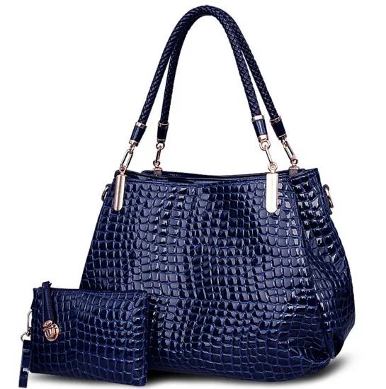 Blue 2 сумки/набор, модные женские сумки из крокодиловой кожи, дамская сумочка+ кошелек/кошелек, carteras mujer, большая вместительность, черный, белый, наплечный комплект - Color: Blue