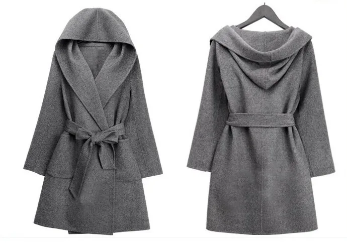 Женское шерстяное пальто с капюшоном Uwback длинное теплое поясом модель EB201 на