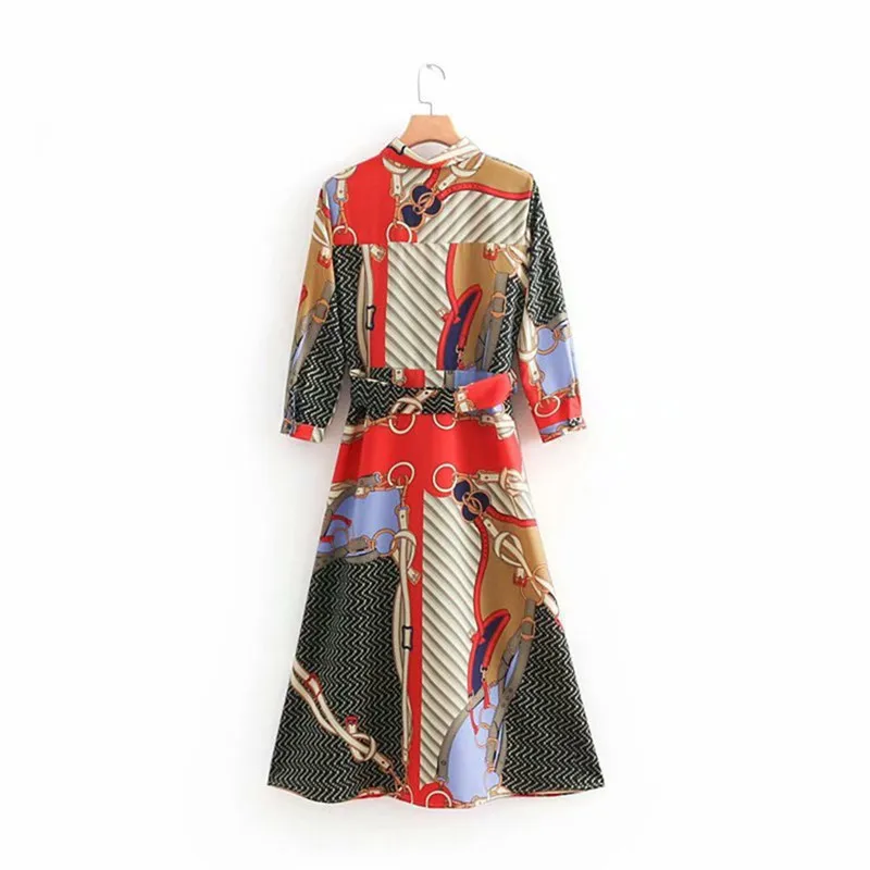 2019 для женщин Винтаж печати shirtdress свободные три четверти рукав лук кимоно с