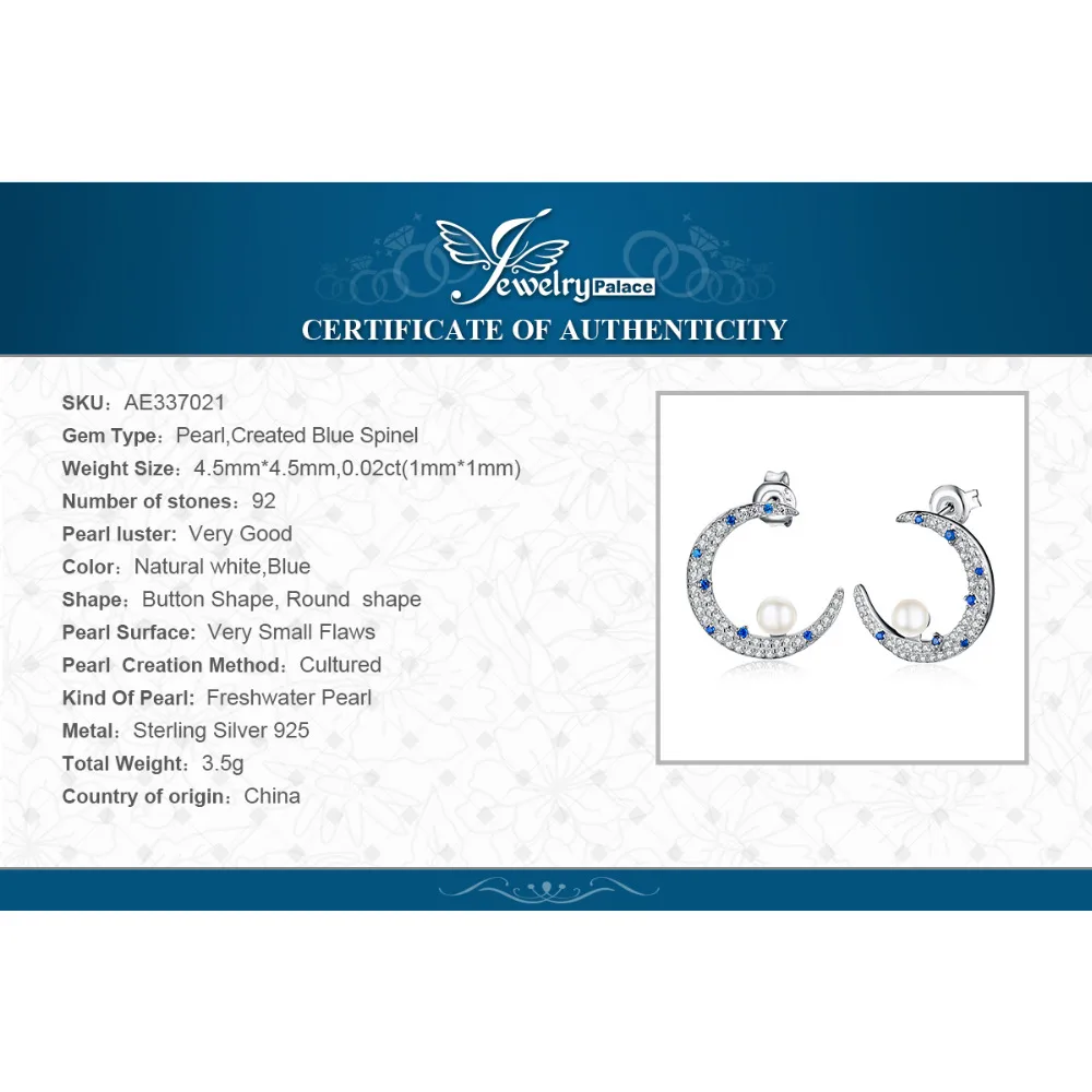 JewelryPalace созданный синий сапфир половина подвеска в виде полумесяца Pearl Цирконий женские серьги 925 пробы серебро ювелирных украшений