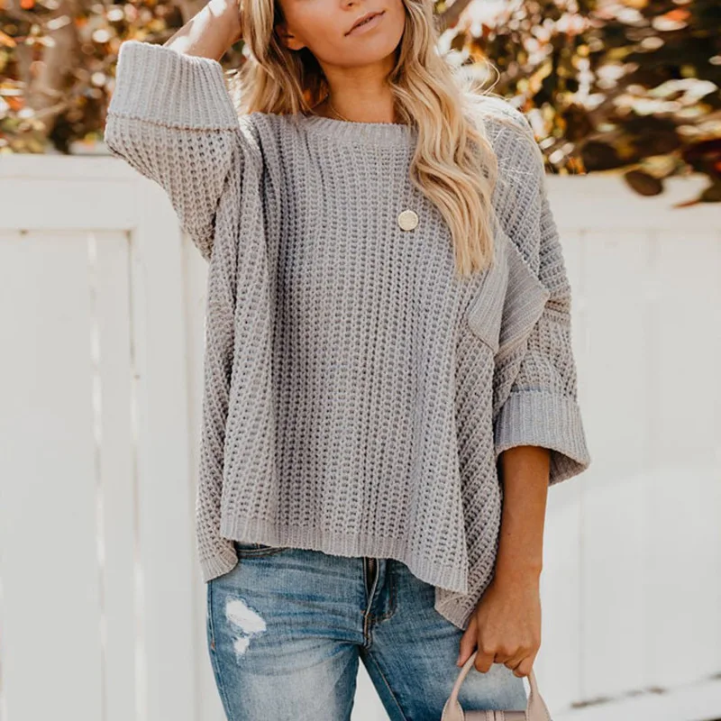 Pocket Loose Sweater and Pullover Autumn Winter Casual Woman O Neck Three Quarter Jumper Grey Black Beige | Женская одежда