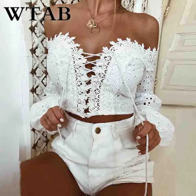 WTAB, сексуальная женская футболка с открытой спиной, фонарь, длинный рукав, короткий топ, летняя футболка, бодикон, пэчворк, открытая футболка на шнуровке