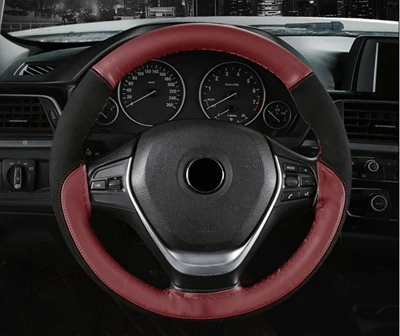 GNUPME Замшевые Кожаные чехлы рулевого колеса автомобиля Универсальные противоскользящие оплетки на Руль Протектор сшитый цвет - Название цвета: Red wine Thread