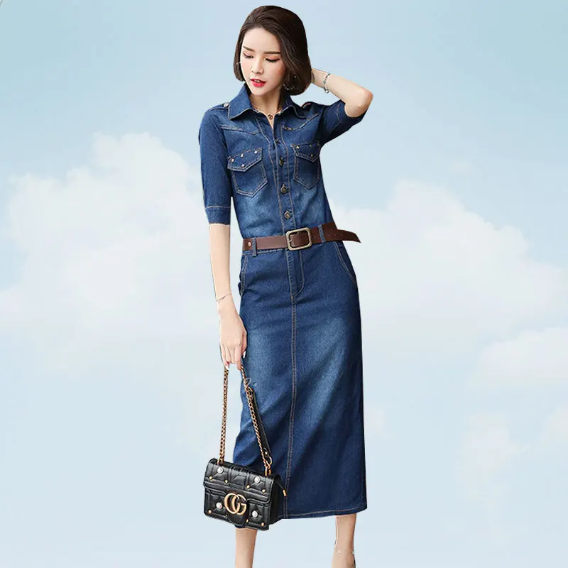 2019 Women Denim Dress Half sleeve With Belt Package Hip Blue Jean Spring Fashion Pencil Hot Sell Cowboy Female G231 | Женская одежда