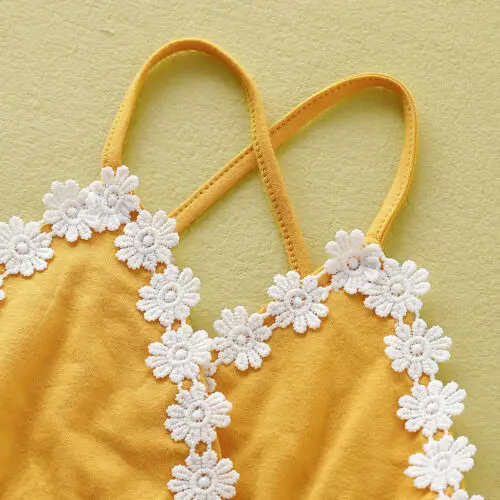 

Toddler Kids Baby Girl Tassel Backless Sleeveless Lace Patchwork Lemon Printed Fashion Romper Clothes Sunsuit Outfits