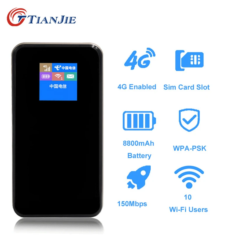 

Портативный внешний аккумулятор TIANJIE, 150 Мбит/с, Mifi 4G LTE Wi-Fi роутер, Беспроводная Карманная точка доступа Wi-Fi, автомобильный Wi-Fi со слотом для ...
