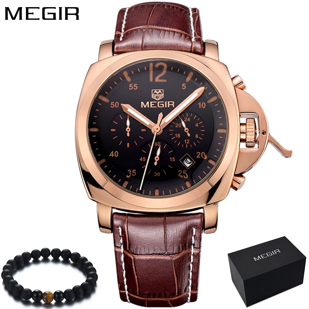 Relogio masculino Для мужчин смотреть Роскошные Megir бренд кожа Золото Аналоговый Дисплей