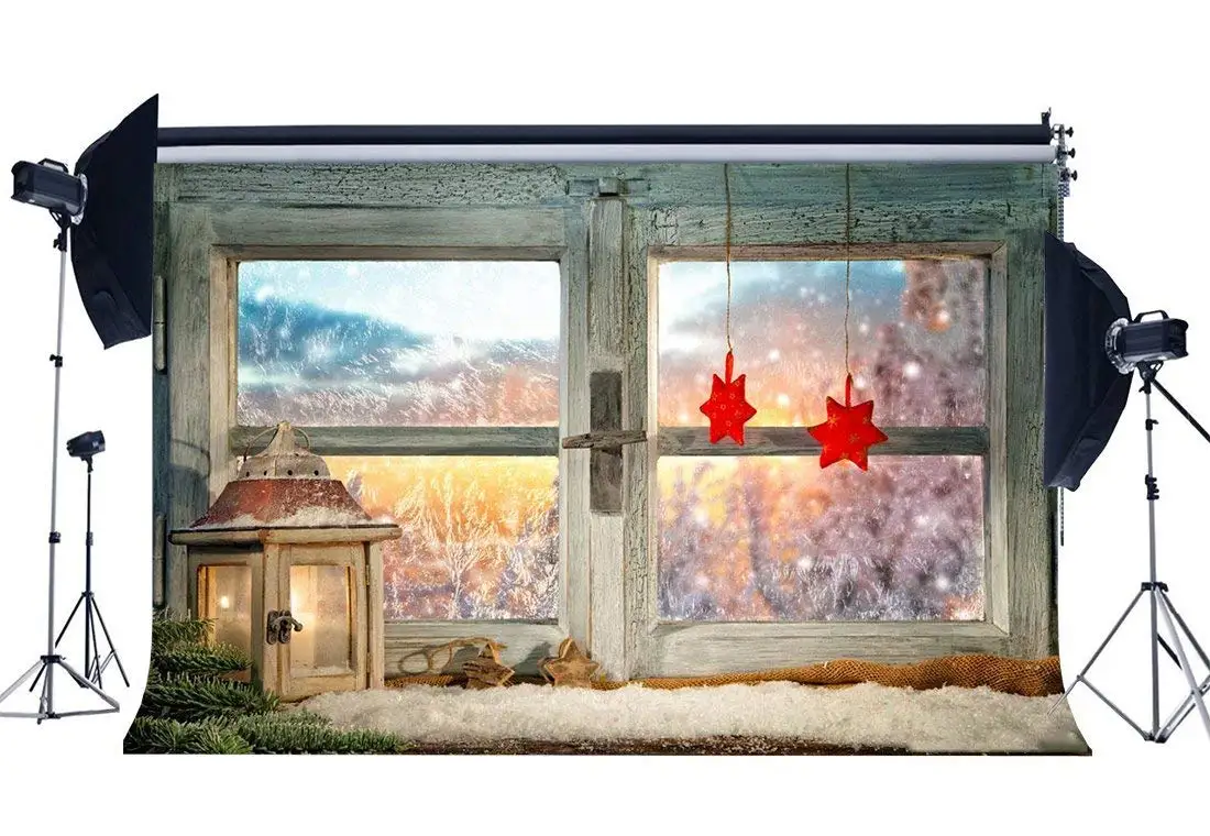 Фон для фотосъемки Рождественская Красная Звезда Фонарь винтажное дерево окно