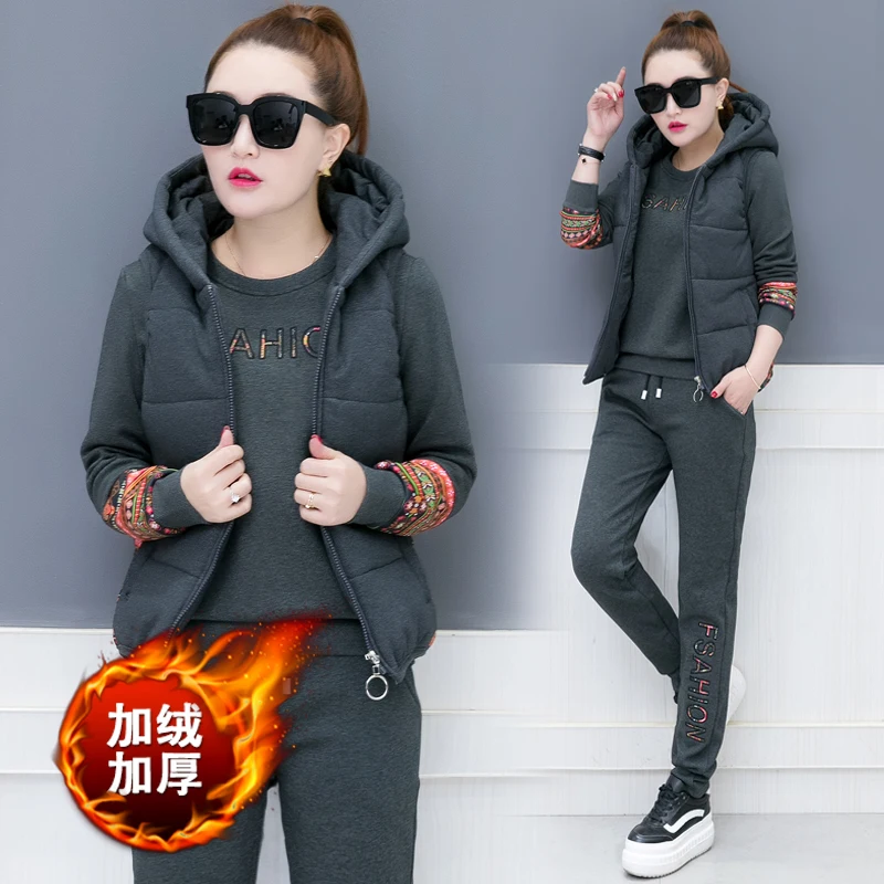 

Thickening velvet suits korean fashion fleece winter leisure three-piece suit casual women hoodies vest pants clothing outfit