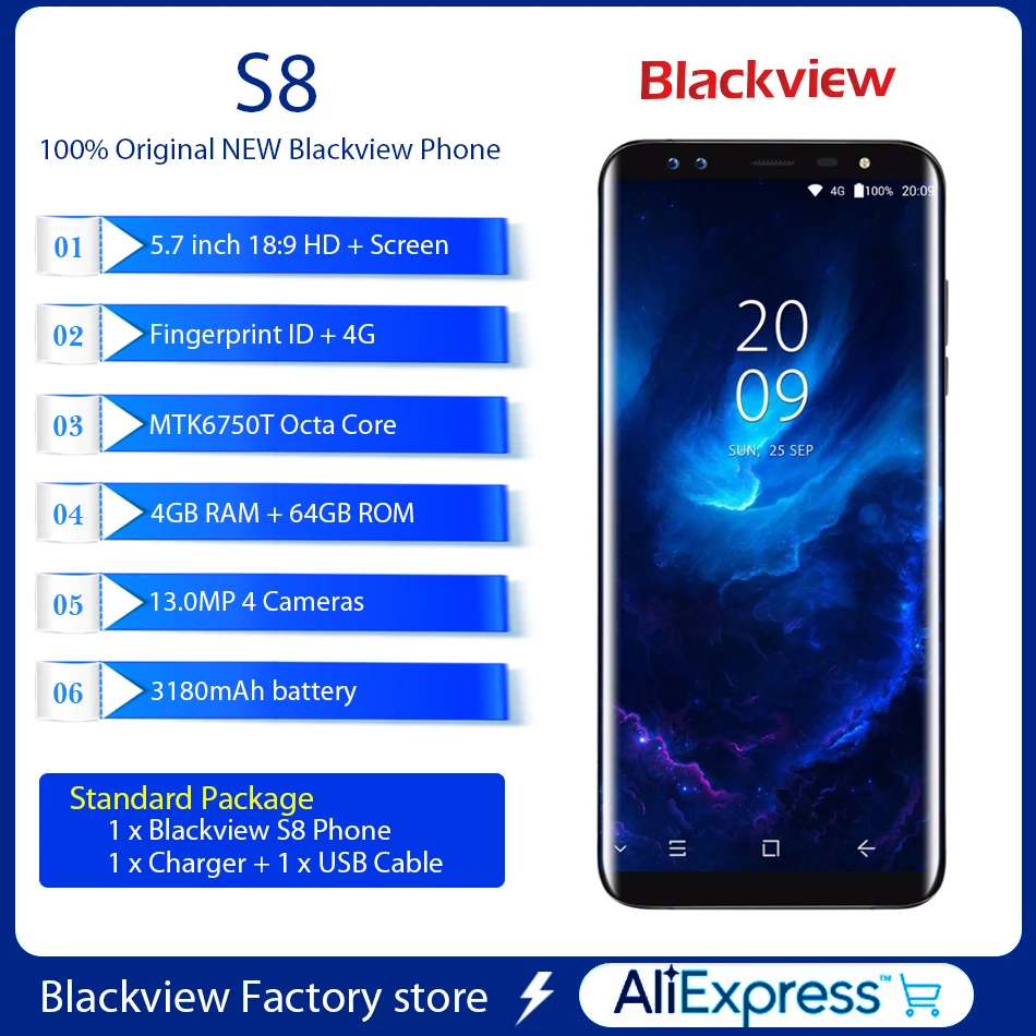 Смартфон Blackview S8 отпечатков пальцев OTG 5 7 ''HD + 18:9 экран 4 Гб 64 четыре камеры