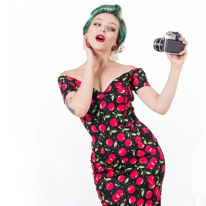 лето Женщины Винтаж 50 х годов с принтом вишни открытыми плечами wiggle d|dress robe|vintage