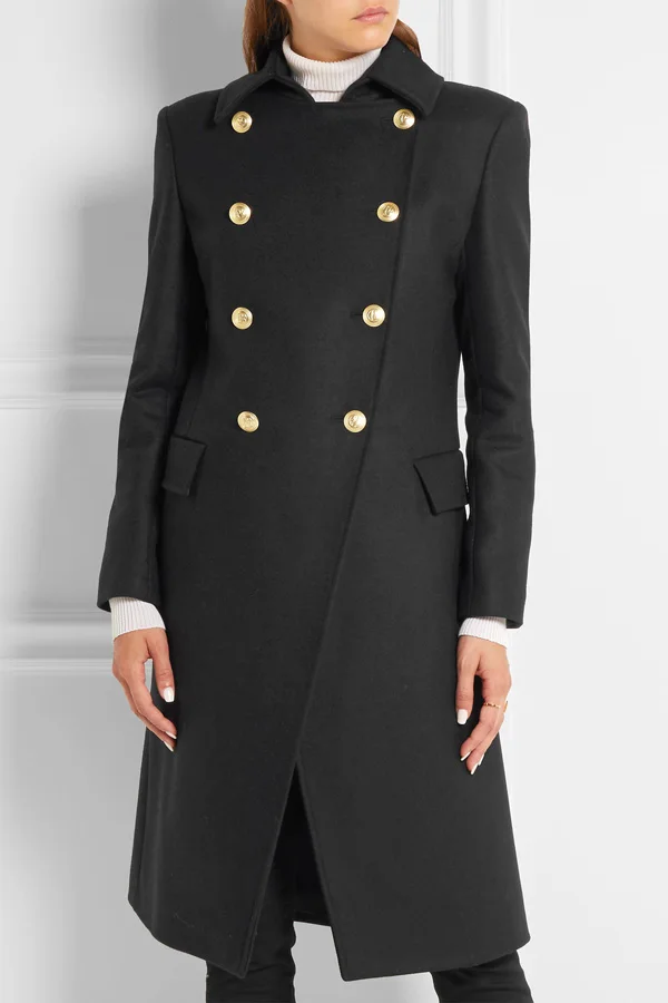 Женское шерстяное пальто простое однобортное длинное с отложным воротником и