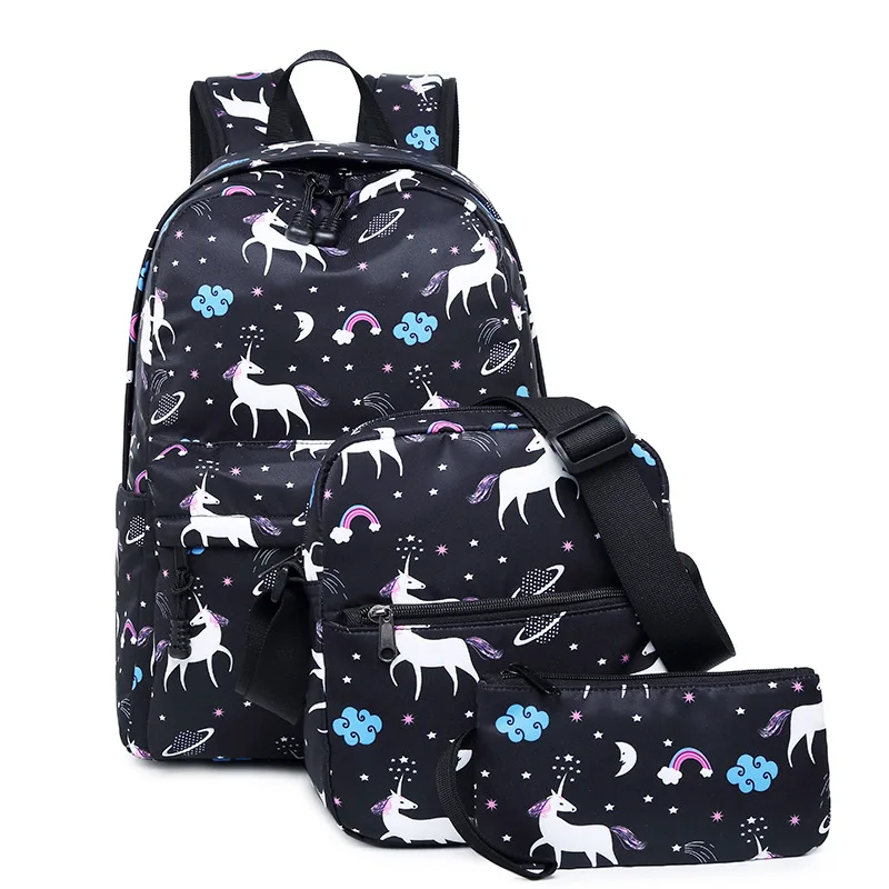 black-3pcs Рюкзак с единорогом, школьные сумки для девочек-подростков, рюкзак с мультяшными животными, студенческий рюкзак, Женский Большой рюкзак, милый школьный рюкзак, 3 шт - Цвет: black-3pcs
