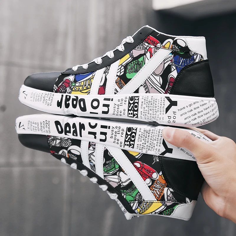 Moipheng New Graffiti Sneakers Autumn Winter High Top Lover Shoes PU Woman Sneakers White Shoes Plus Size Zapatos De Mujer