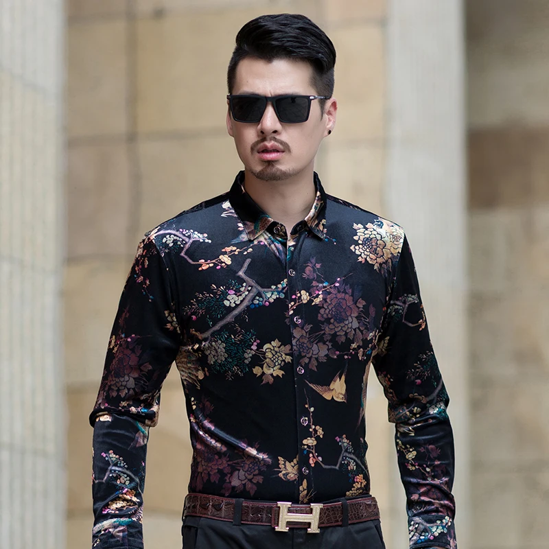 Mens gold velvet dress shirt autumn sexy male long sleeve flroal free shipping | Мужская одежда