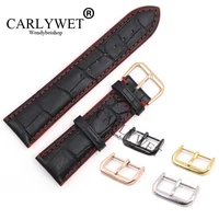 carlywet 18 20 22mm black real leather handmade red stitches replacement watch band strap with silver color polished buckle