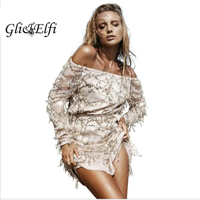 Воротник без бретелек Slash шеи Сексуальная Off Shoulder Sequin кисточкой осень 2018 пляжные
