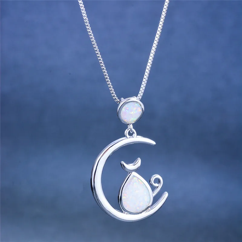Милые Женские Подвески с большим котом и луной модные ожерелья серебряного цвета