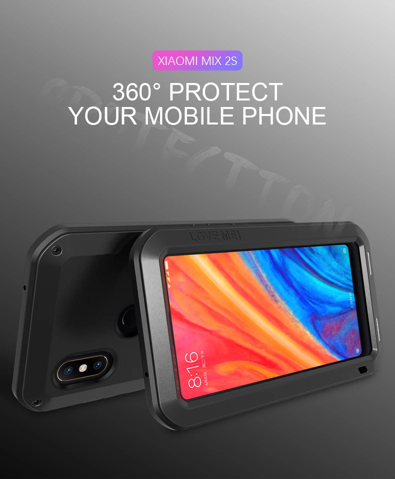 

Original Love Mei Powerful Case For xiaomi mix 2s 5.99 inch Waterproof Shockproof Aluminum Case Cover with free Tempered Glass