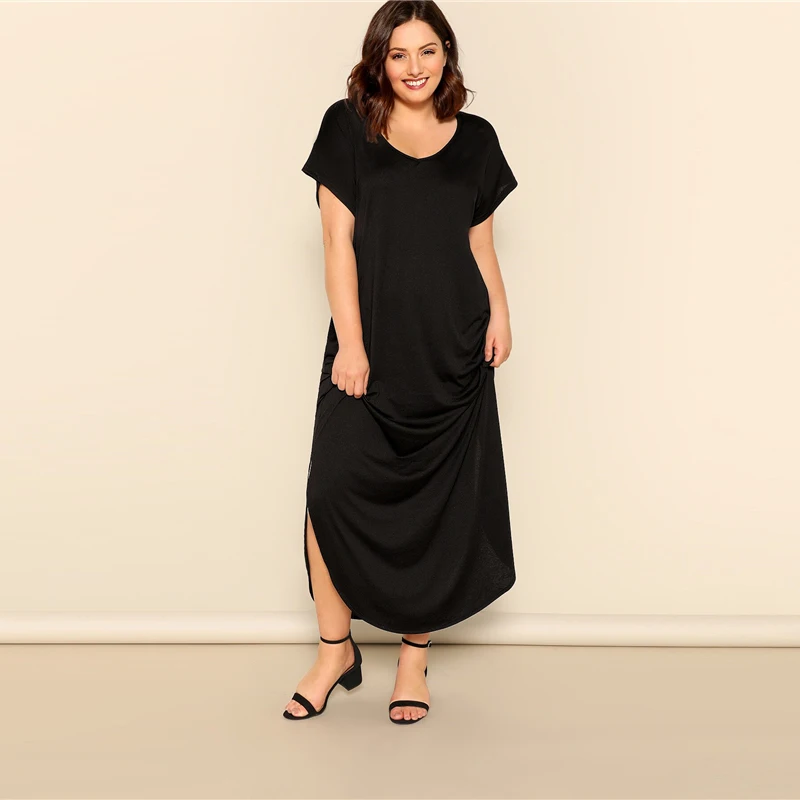 SHEIN, платье макси размера плюс, черное, с косым карманом, M-Slit Hem,, женское летнее Повседневное платье с карманами и v-образным вырезом, с коротким рукавом, однотонное, длинное, Dreeses