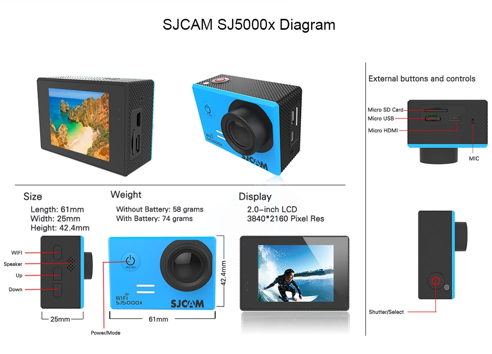 Оригинальная Экшн-камера SJCAM SJ5000X Elite, WiFi, 4 K, 24fps, 2 K, 30fps, Gyro Sports DV 2,0 lcd NTK96660, водонепроницаемая Спортивная DV