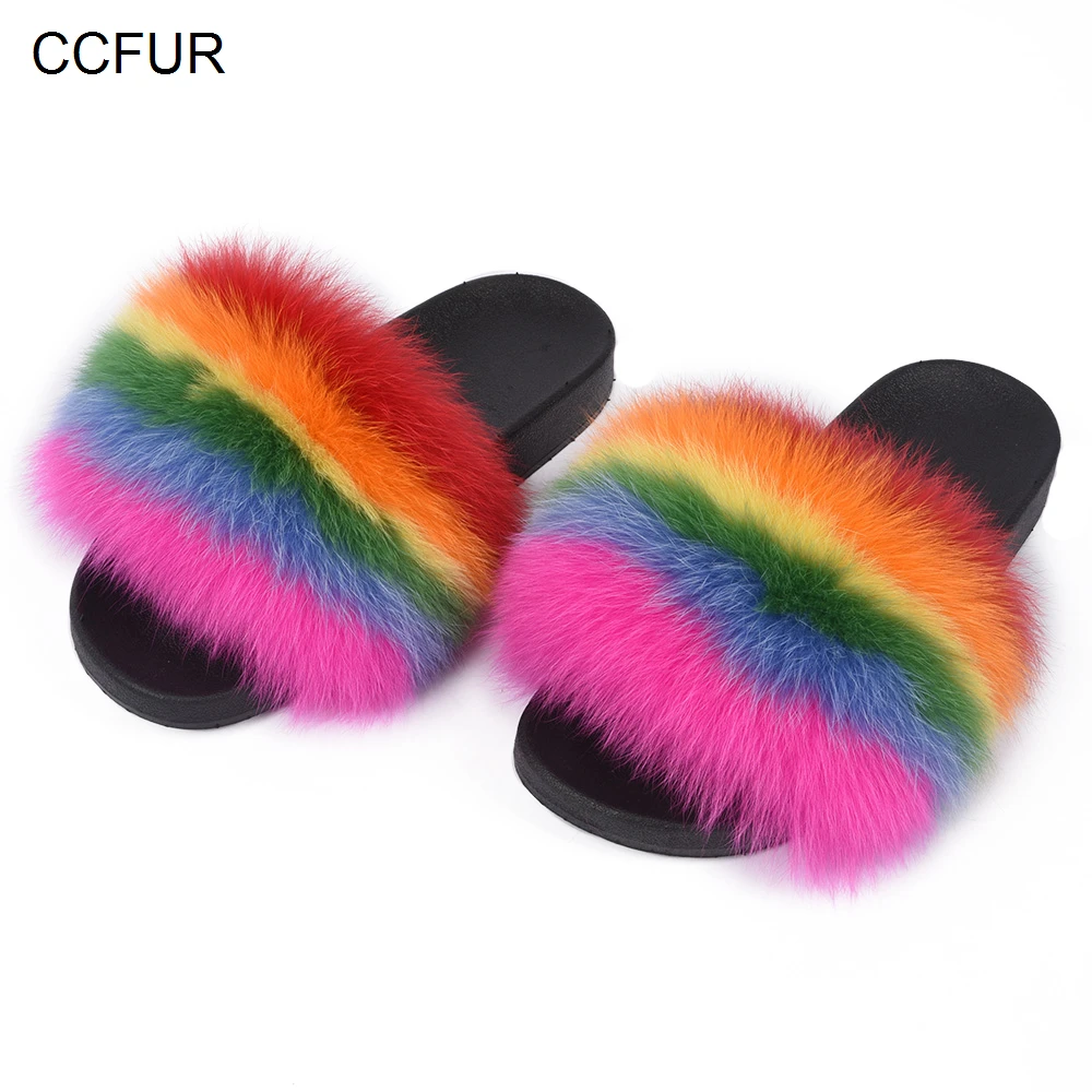 CCFUR New Colors Summer Slides Women's Real Fox Fur Slippers Fluffy Fur Sliders Mixed Color Fashion Lady S6048