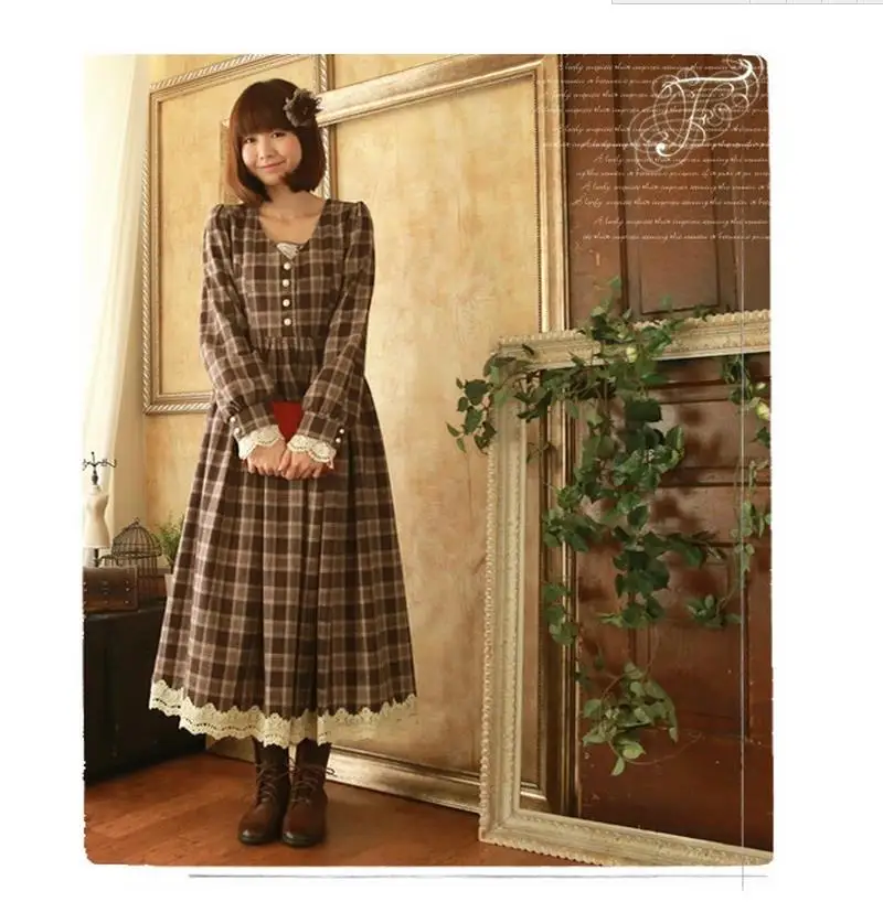 Весеннее клетчатое платье в японском стиле для девушек из смесовой шерсти длиной
