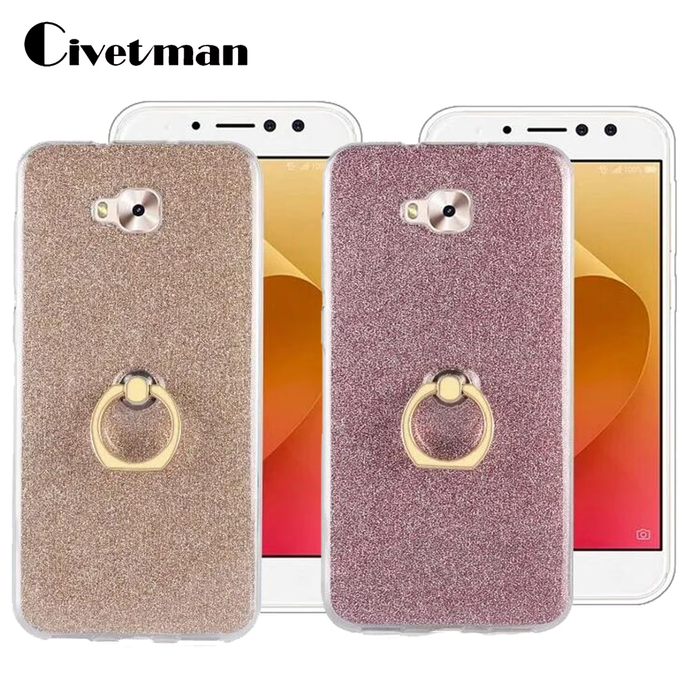 Cover Phone Case For Asus Zenfone 4 Selfie ZD553KL 5.5&quot TPU Gel Silicone Transparent Back Shell Ring Holder Flash Glitter Powder |