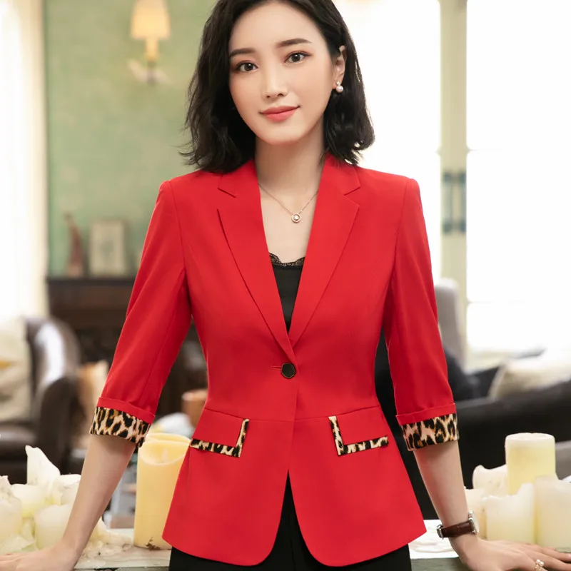 Red blazer Модный Леопардовый лоскутный блейзер для женщин, лето, официальный пиджак с рукавом до локтя, офисный женский пиджак размера плюс, повседневное пальто - Цвет: Red blazer