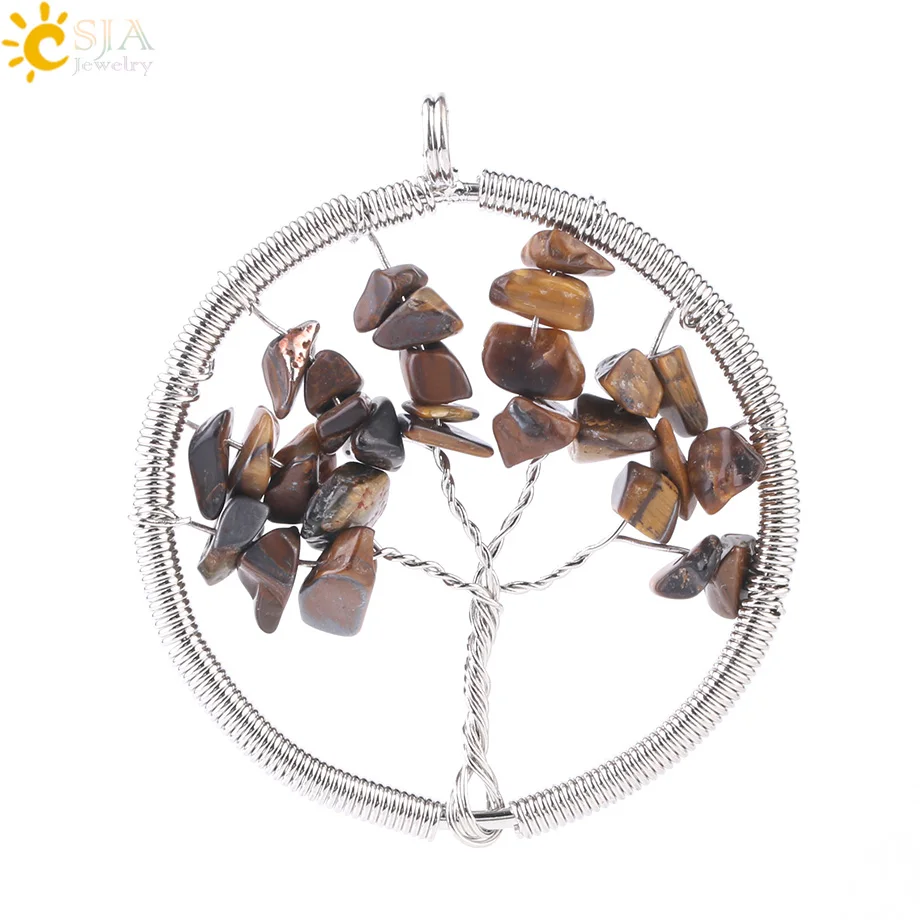 Tiger Eye CSJA Wisdom Life Tree натуральный драгоценный камень подвесной рейки лечебный Кристал, кварц чип шарик Радуга ручной работы ювелирные изделия подарок для женщин E055 - Окраска металла: Tiger Eye