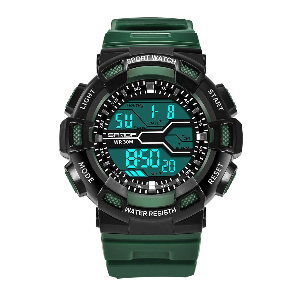 dark green SANDA новые мужские часы спортивные цифровые часы светодиодный дисплей водонепроницаемые часы - Цвет: dark green