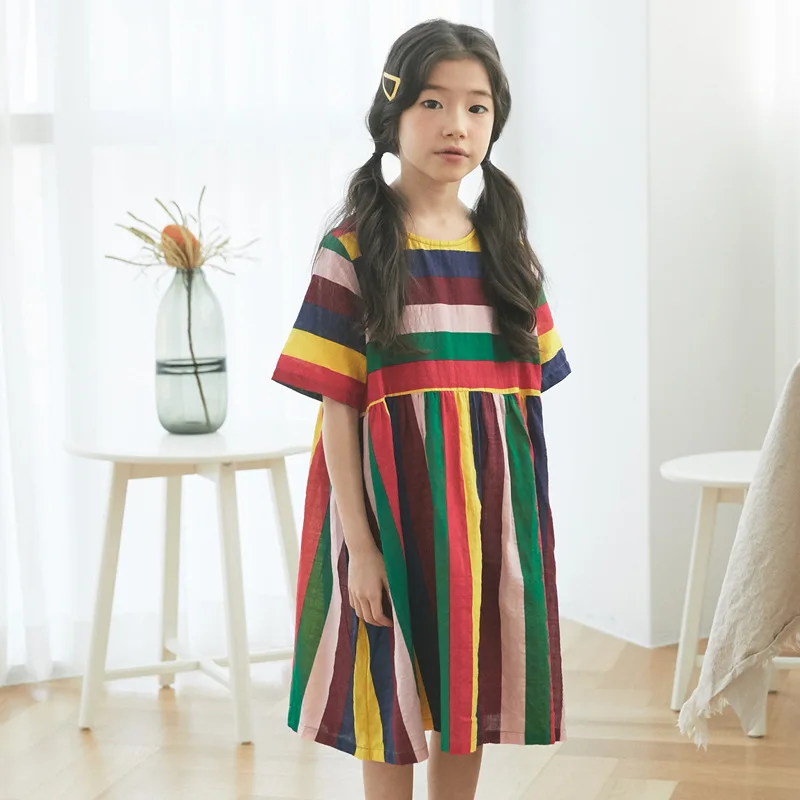 Youth Girl Rainbow Dress Brand Designer Casual Korean Children Summer Cotton Fabric Short Sleeve Clothes For 13 Years | Детская одежда