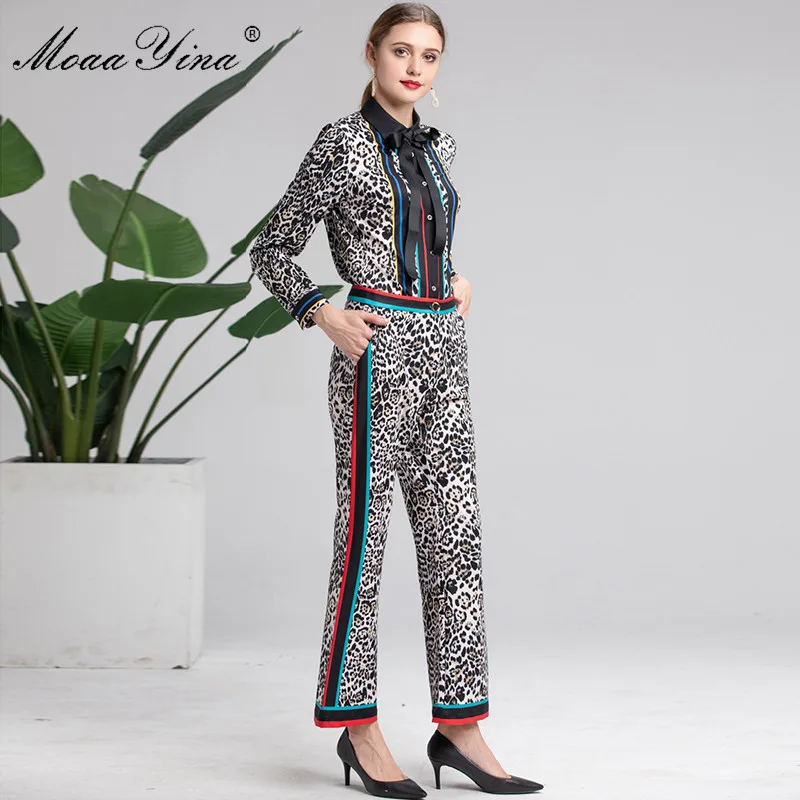 MoaaYina Fashion Designer Set Spring Autumn Women Long Sleeve Leopard Print Tops+Bell-bottomed pants Elegant Two-piece suit | Женская