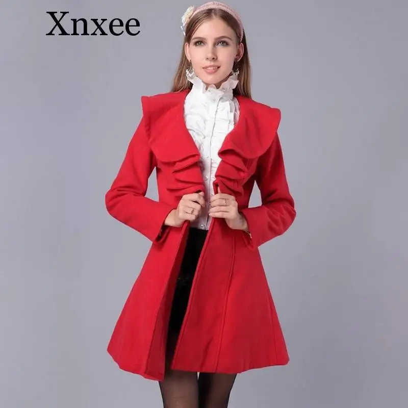 red Xnxee зимнее пальто Женская шерстяная Верхняя одежда женское тонкое средней длины размера плюс однобортное шерстяное пальто с оборками и воротником - Цвет: red