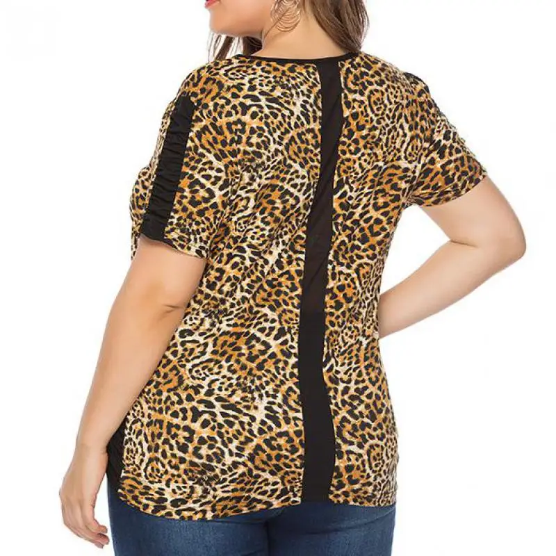 

Summer Large Size Women's V-neck Leopard-print Short-sleeved T-shirt Wrinkle Striped Patchwork Plus Size Slim Tee Shirts Femme