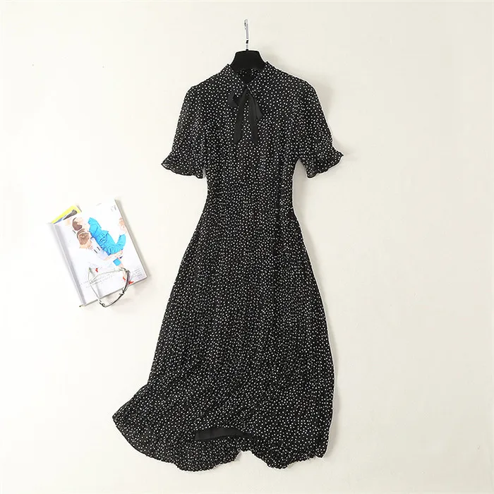 Элегантное платье миди женские черные платья высокого качества в белый горошек