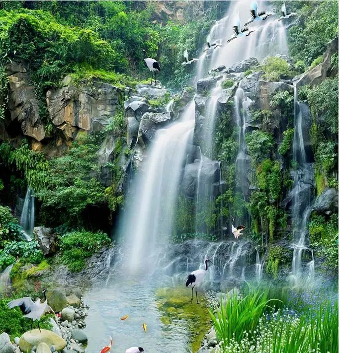 Самоклеящиеся напольные обои на заказ 3D с изображением пейзажа водопада лотоса