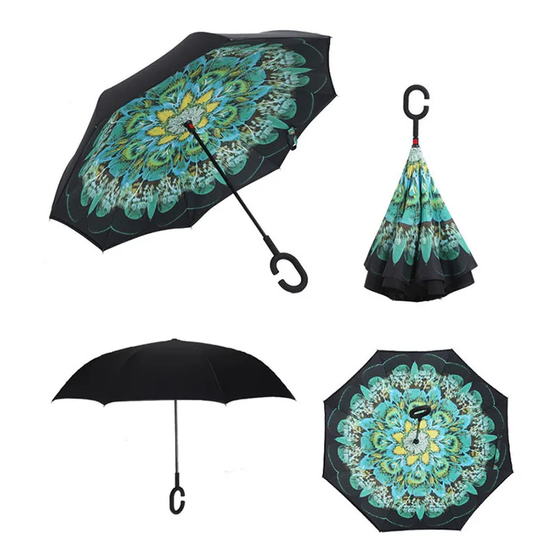 

Double Layer Windproof Inverted Umbrella Durable Rain Sun Protection Reverse Womens Umbrellas C-Hook handle Hands For Smartphone