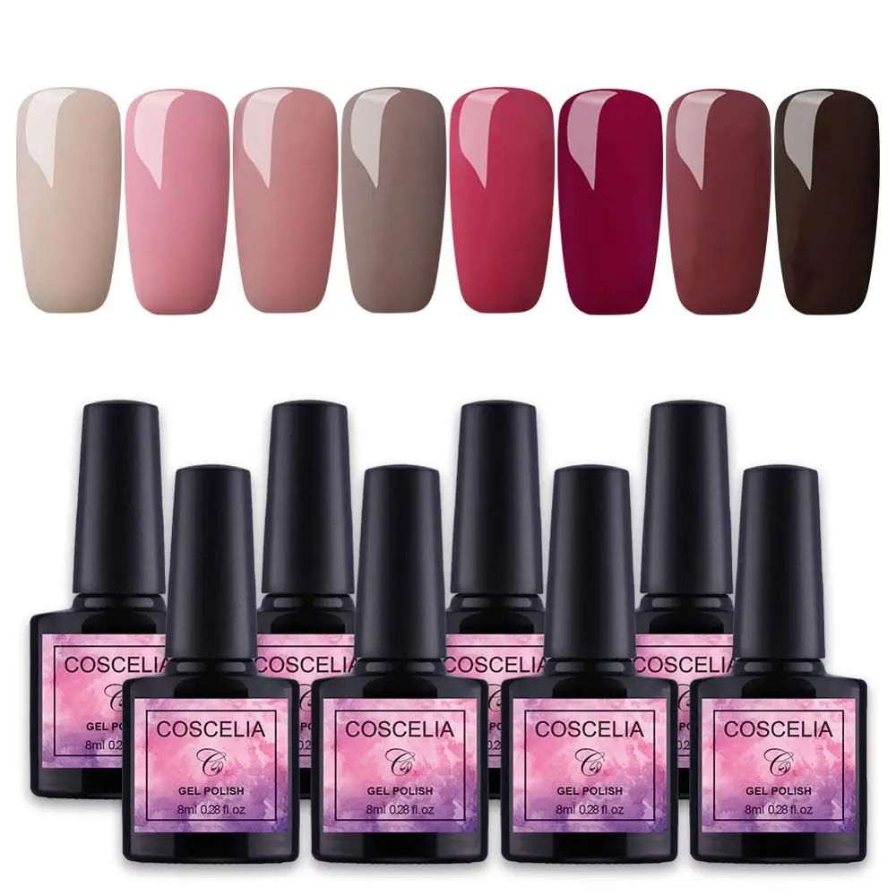 8pc Gel set 02 COSCELIA Гель-лак для ногтей набор полуперманентный лак замачиваемый УФ-Комплект гель-лаков для ногтей геллак Топ Базовое покрытие маникюрный набор - Цвет: 8pc Gel set 02