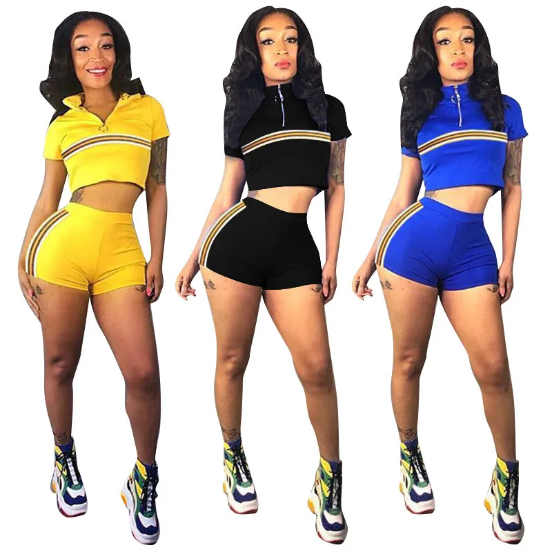 Летний комплект из двух предметов для фитнеса женский короткий рукав в полоску