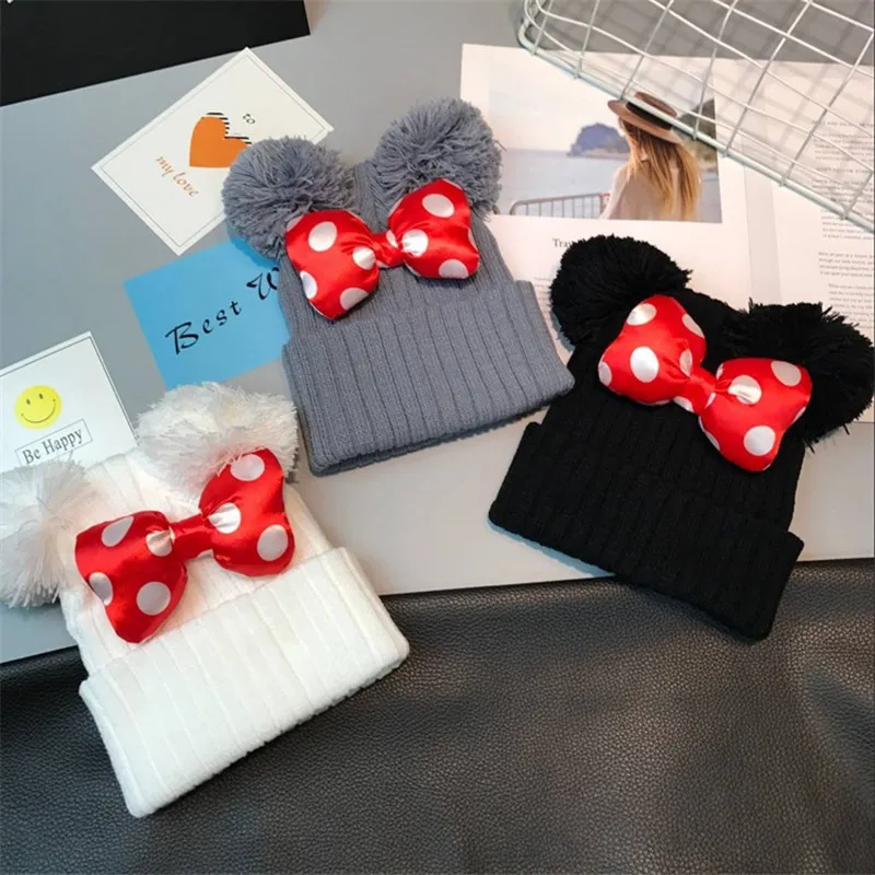 Big Dot Bowknot Baby Hat Cute Kids Girls Pompom Ball Cap Autumn Winter Outdoor Warm Knitted Beanie