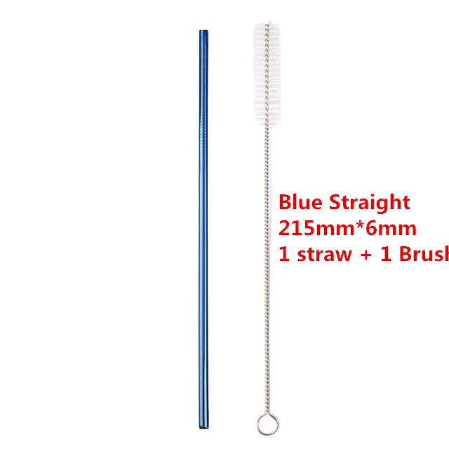 Blue Straight Многоразовый металлический соломы Нержавеющая сталь крепкий изогнутые прямые соломинка для напитков силиконовый чехол с щетка для очистки бар вечерние аксессуары - Цвет: Blue Straight