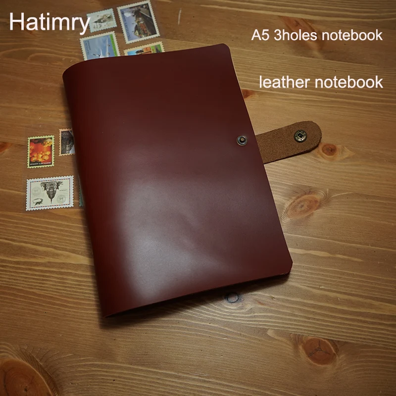 Hatimry New a5 genuine leather notebook 3 holes spiral travelers notebook with button vintage style sketh books school supplies