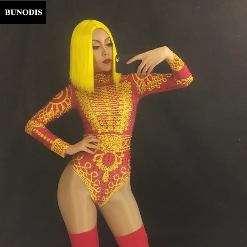 ZD136 Gold & Red Women Sexy Bodysuit Sparkling Crystals Jumpsuit Celebrate Nightclub Party Singer Dancer Performance Stage Wear