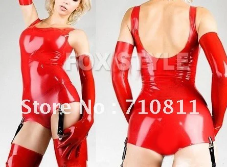 Hot sale women latex bodysuit with gloves and stocking set in red